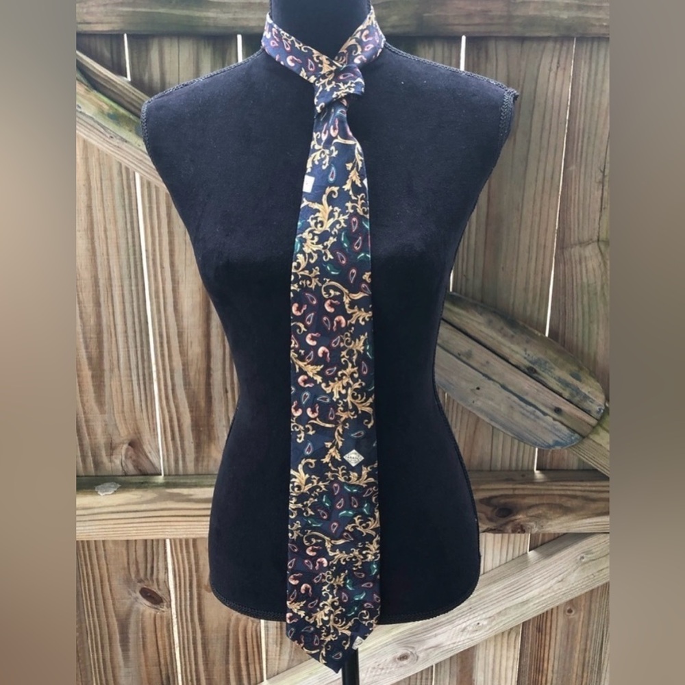 Vintage Long Tabasco Navy Silk Necktie with Paisleys Peppers & Shrimp